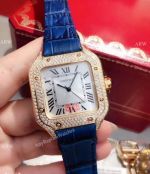 New Copy Cartier Santos Diamond Watch Blue Leather Strap_th.jpg